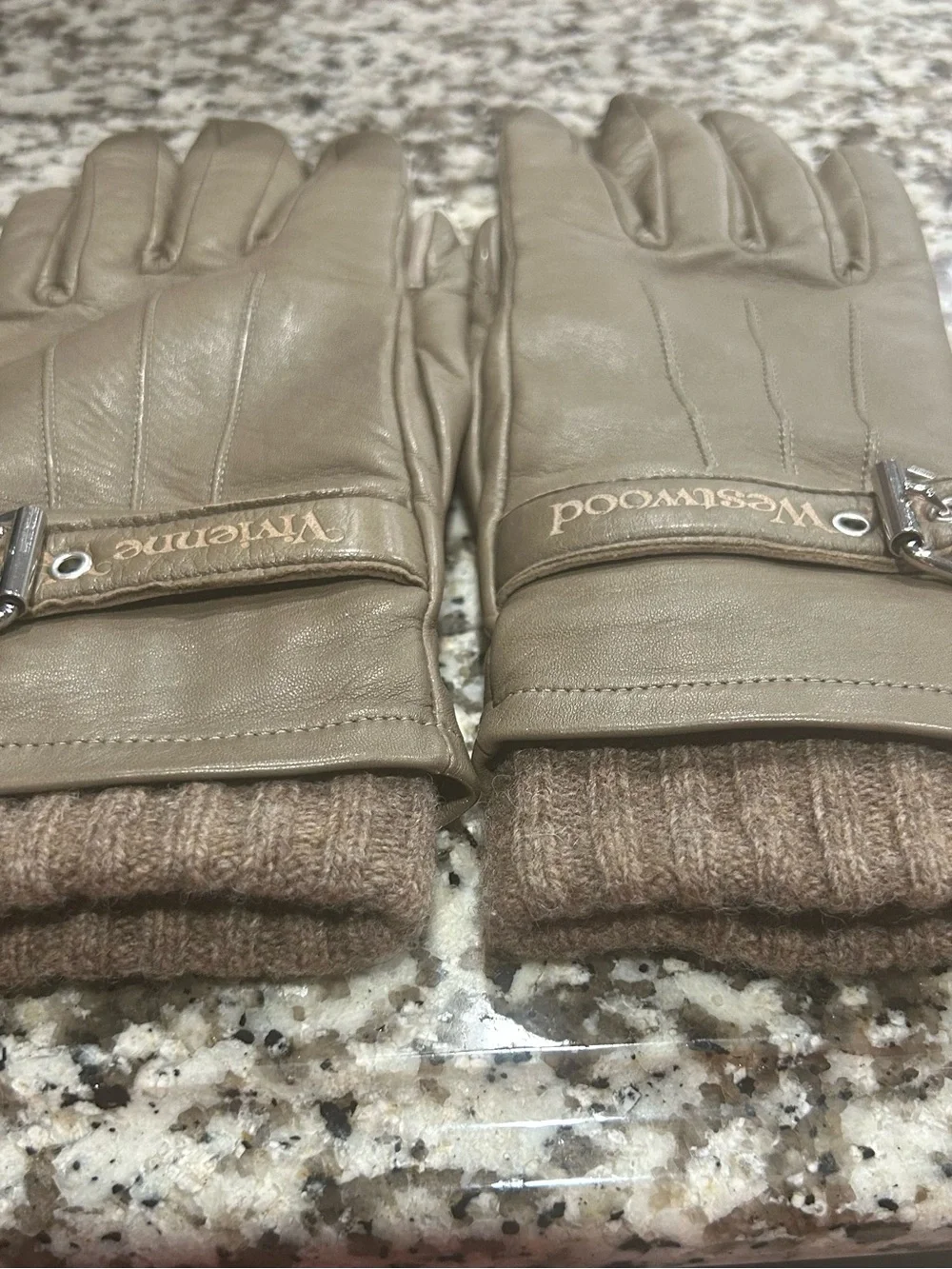 Vivienne Westwood Taupe/Brown Leather Buckle Gloves